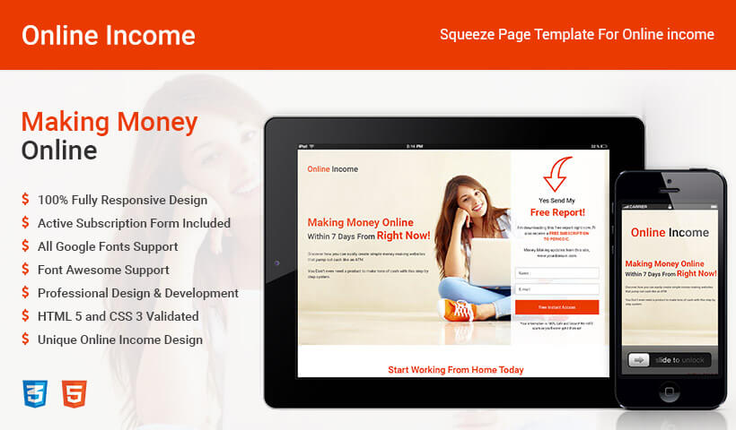High Lead Generating HTML5 Responsive Online Income Squeeze Page Design Templates To Earn Online Income